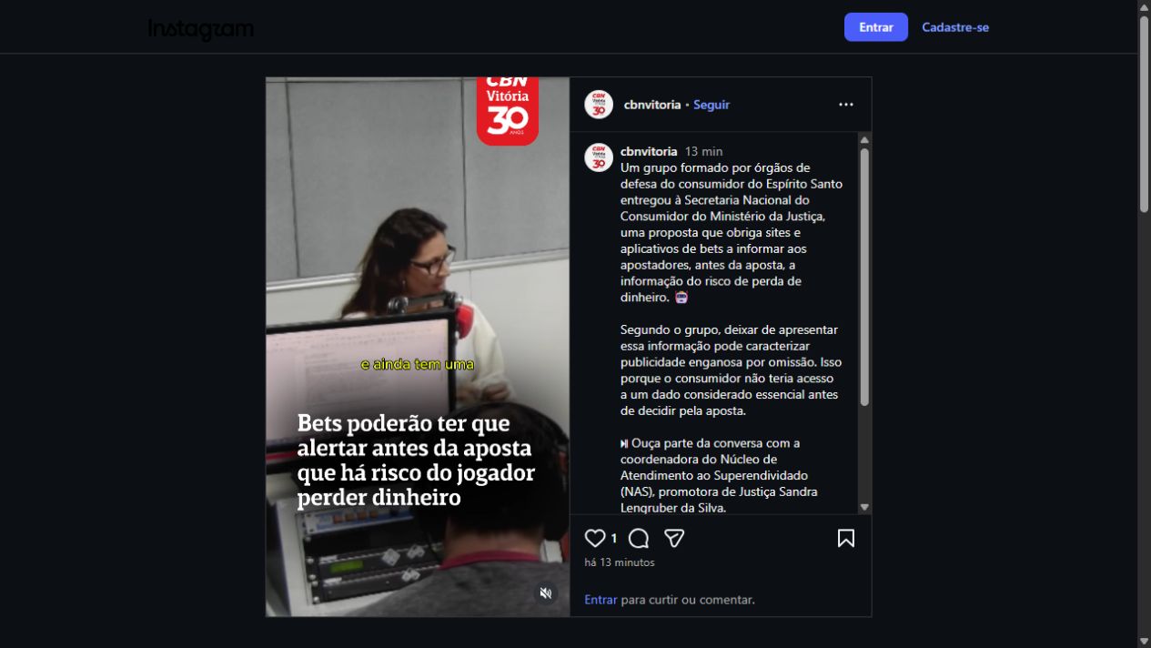 Captura pública da publicação da CBN Vitória sobre aviso de risco em apostas