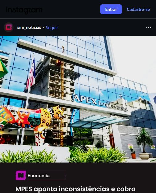 Captura pública da postagem do Sim Notícias sobre Apex Partners e manifestação do MPES